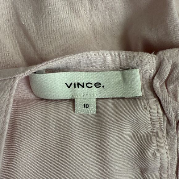 Vince Women's Size 10 Light Pink Belted Linen Blend Square Neck Midi Dress - Picture 8 of 10